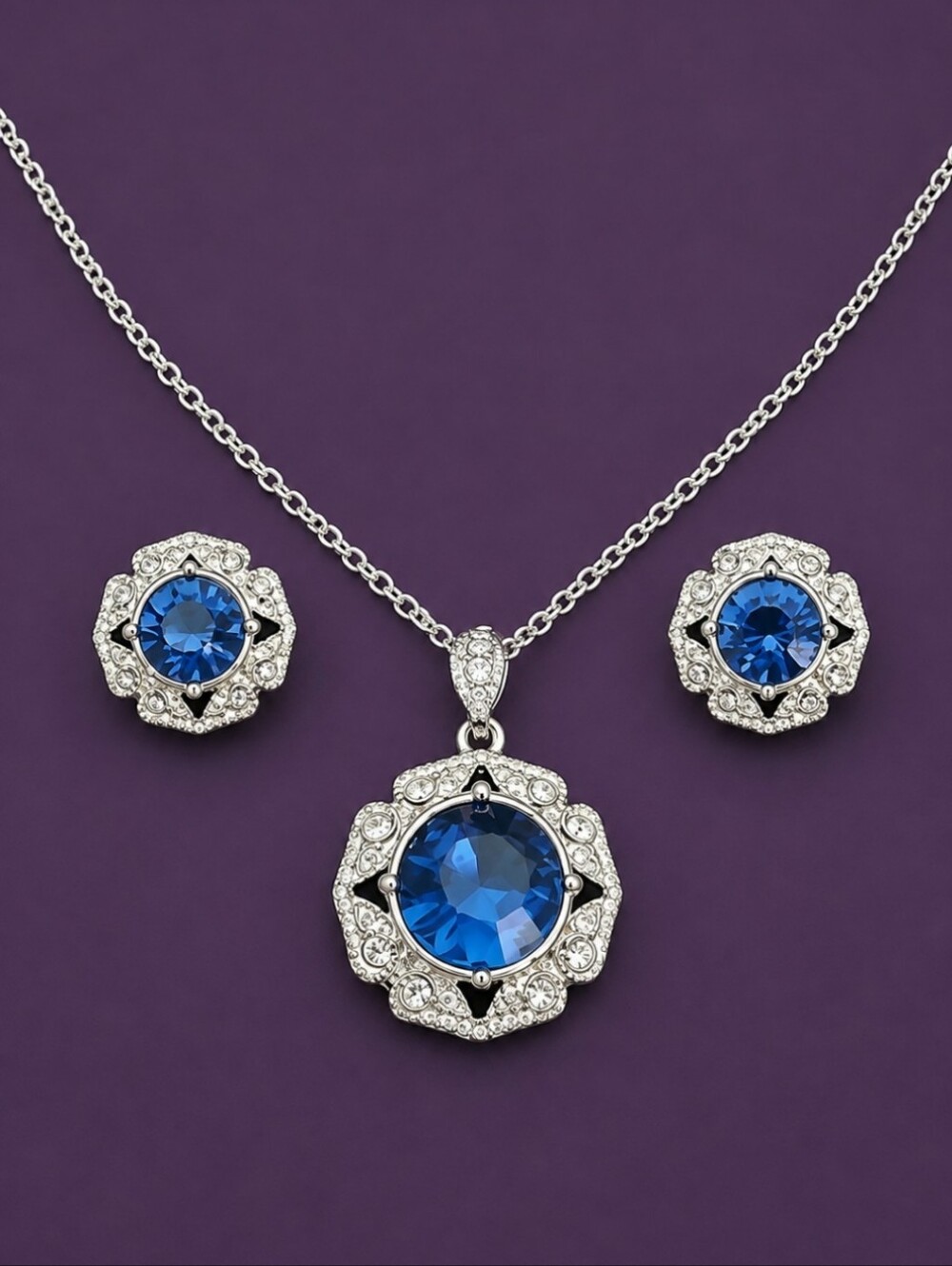 AVON Antique Style Colletta Faux Sapphire Holiday Necklace Earrings Set